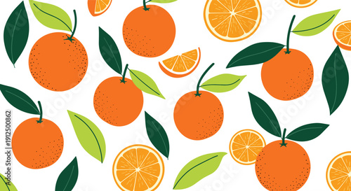 Seamless orange fruit pattern vector with whole oranges slices and green leaves for fresh summer background