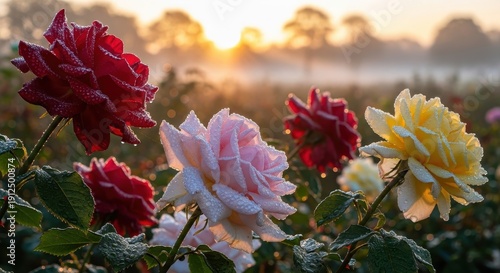 Colorful roses in a garden at sunrise with soft light.
