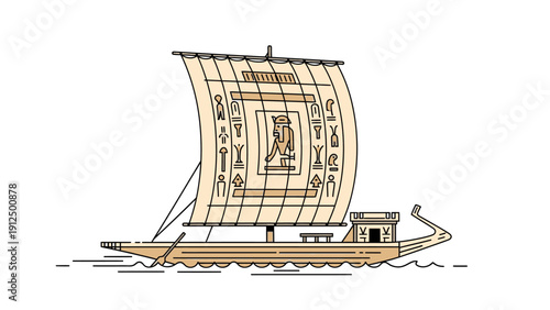 Illustration of an ancient Egyptian-style sailboat with a large decorative sail, featuring intricate hieroglyphics and a figure at the center, set against a plain white background.