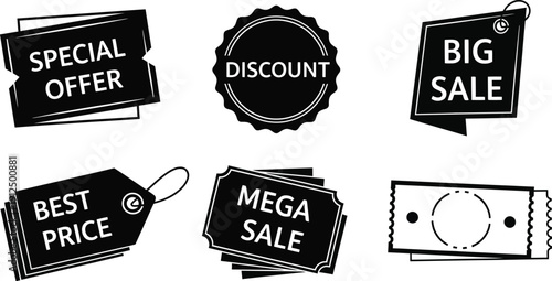Assortment of black and white sale tags and promotional labels communicates effective advertising for retail discounts.
