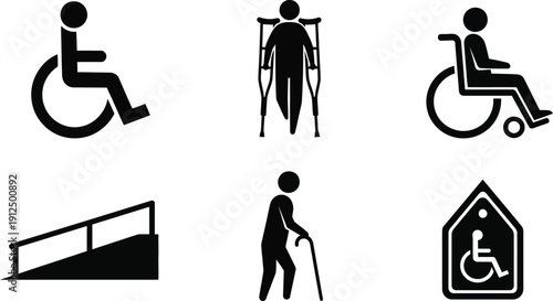 Accessibility pictograms display essential mobility assistance symbols including wheelchairs, crutches, ramps,.