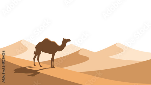 A brown camel standing on a sandy dune with a desert landscape and mountains in the background, under a bright desert sun with warm, earthy tones.