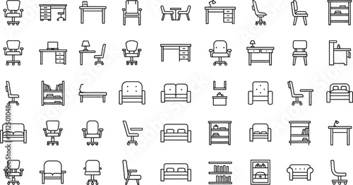 Grid of black and white furniture icons displays various chairs, desks, shelves, and sofas for interior design.