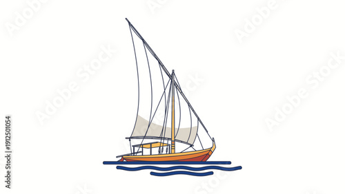 A simple illustration of a sailboat with orange hull and white sails on calm blue water against a plain white background.