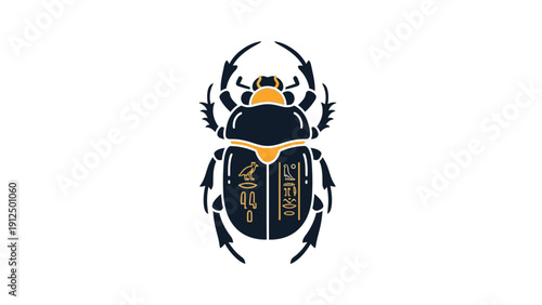 A large black and yellow scarab beetle with distinctive horns and textured elytra against a clean white background in a close-up view.