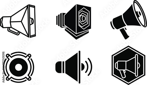 Megaphone and speaker icons are displayed in a set of six varied graphic representations for sound projection.