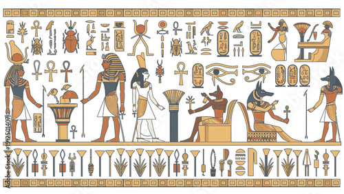 Ancient Egyptian wall relief depicting various gods and goddesses with hieroglyphics in a traditional, symbolic composition with warm beige and golden tones, set against a white background.