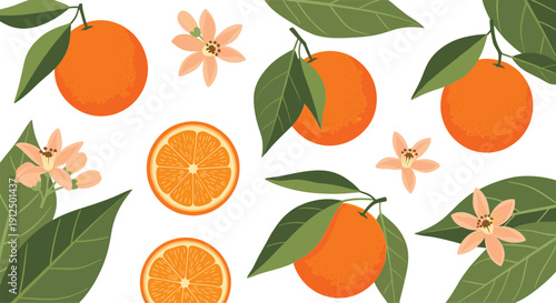 Seamless orange fruit pattern with leaves and blossoms vector illustration background design