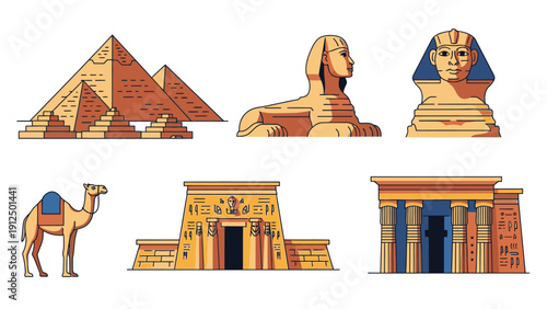 A flat lay illustration of Egyptian landmarks and symbols, including pyramids, a sphinx, a camel, and temples, against a clean white background with warm, golden tones.