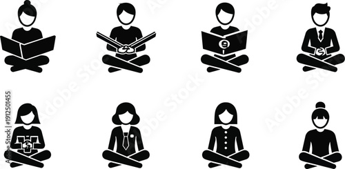 Diverse group of stick figures representing people sitting cross-legged while engaging with various digital devices.