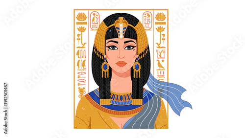 Illustration of a regal Egyptian queen with intricate headdress and jewelry, featuring hieroglyphics in the background, conveying an ancient and majestic mood.