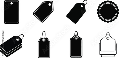 Eight different black outline price tags featuring various shapes including scalloped edges and angled perspectives for.