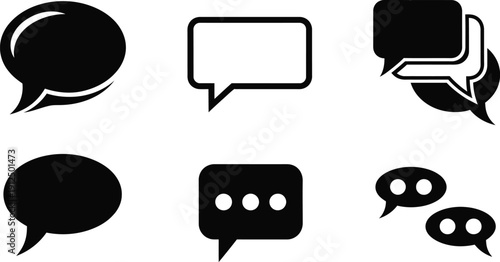 Set of various black speech bubble icons demonstrating different styles of online communication and messaging.
