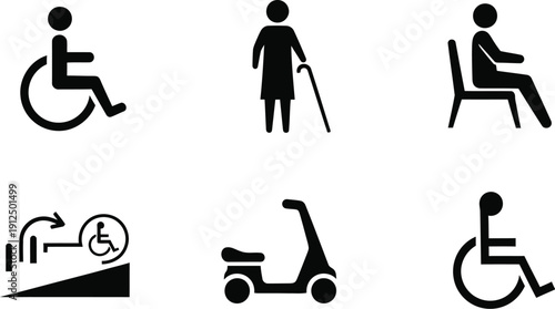 Set of accessibility and mobility icons shows figures using wheelchairs, walking aids, ramps, and personal transport.