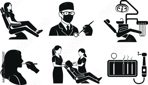 Set of dental healthcare icons showing a patient in a chair, a masked dentist, operational equipment, and medical staff.
