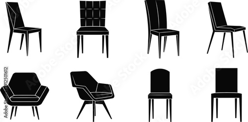 Collection of eight distinct black outline chair designs illustrates various seating options for modern interior spaces.