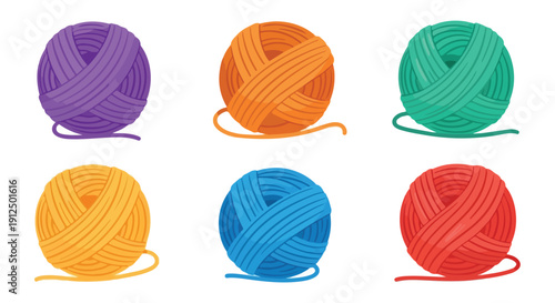 A flat lay of six colorful yarn balls in purple, orange, green, yellow, blue, and red on a clean white background, showcasing various threads.