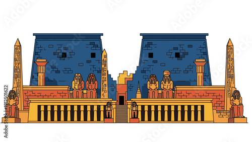Illustration of an ancient Egyptian temple with blue pylons and obelisks on either side, featuring statues in front of a brick and stone structure with columns, set against a white
