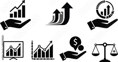 Collection of black and white icons representing business growth, financial investment, and legal balance scales for.