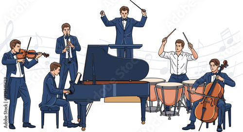 Classical orchestra ensemble illustration, conductor musician performance, violin clarinet piano cello timpani design, formal suit attire, decorative music art motif