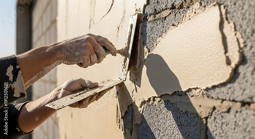 Plasterer applying smooth finishing coat to a blockwork wall at construction