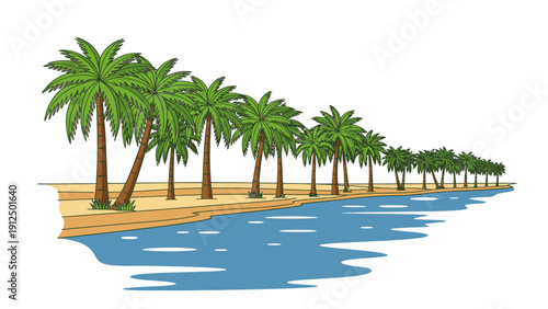 Illustration of a serene tropical island with palm trees standing on a sandy beach, surrounded by calm blue waters with reflections, against a plain white background.