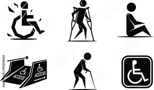 Set of black silhouette icons communicates various concepts related to physical disability and accessibility support.