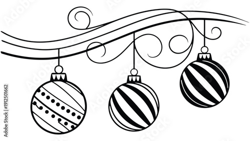 Three black and white striped and dotted Christmas baubles hanging on a swirly line holiday ornaments