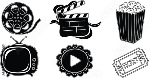 Collection of black and white icons represents different elements associated with film watching and entertainment media.