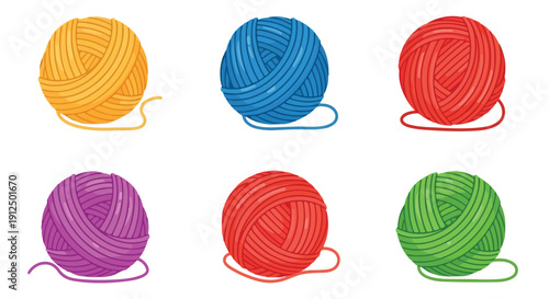 Colorful illustration of six yarn balls in orange, blue, red, purple, red, and green on a white background with many people implied as craft supplies.