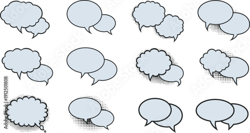 Twelve distinct pairs of overlapping speech bubbles display various shapes for conversation or dialogue concepts.