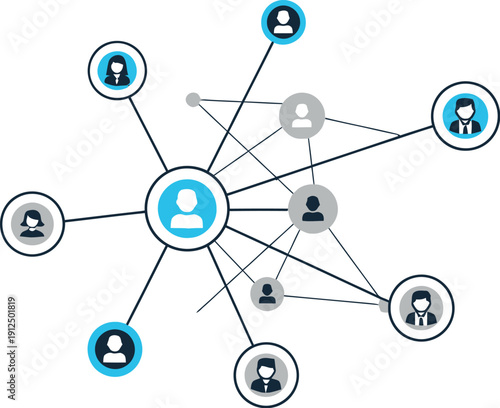 Central person icon connects to various networked users in a simplified abstract social media structure diagram.