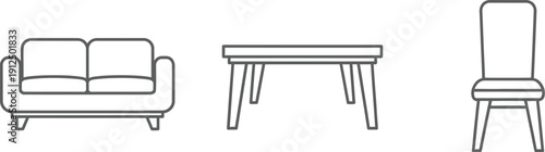 Simple isometric line art representations of household furniture including a compact sofa, rectangular coffee table.