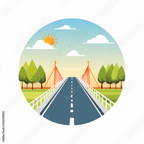 Scenic Road Trip Adventure with a Modern Suspension Bridge Under a Bright Sunny Sky, Leading Towards the Horizon