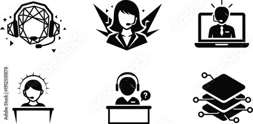 Collection of customer support and service icons featuring headsets and digital interface symbols for technical.