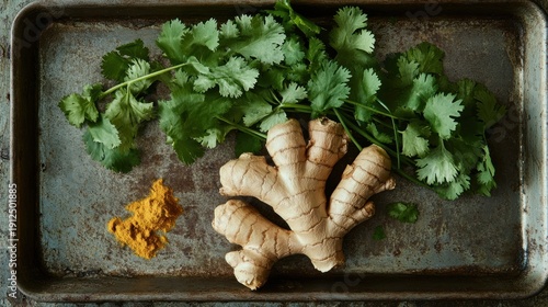 Fresh ginger and coriander on a metal tray