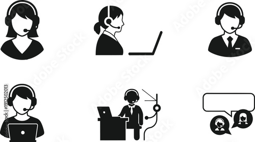 Group of silhouette icons featuring customer service agents wearing headsets working at computers for technical support.