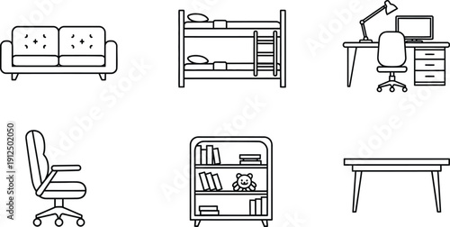Set of line art icons depicting various pieces of home and office furniture including seating, storage, and desks for.