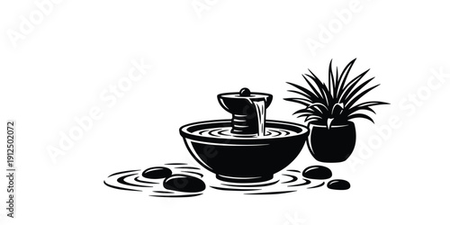 Zen water fountain with smooth stones and potted plant for spa and wellness illustrations