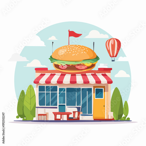 Cheerful cartoon burger shop with a giant sandwich on the roof, advertising delicious fast food meals