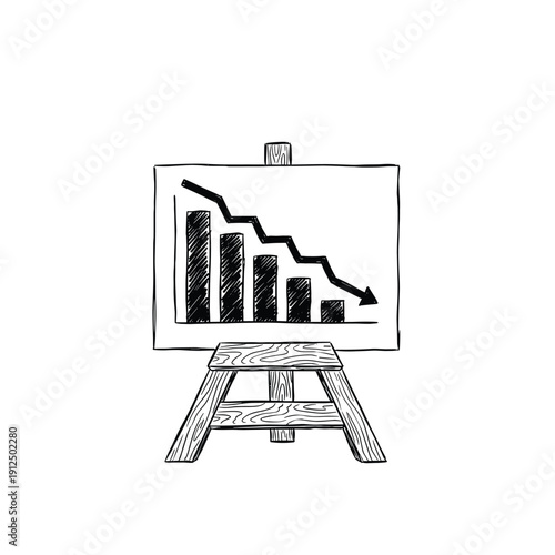 A hand drawn graph on an easel showing a downward trend in business performance