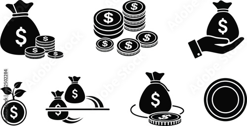 Money and finance symbols feature dollar coin stacks and currency bags representing wealth accumulation and investment.