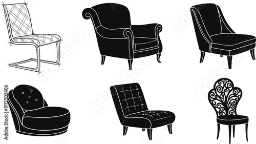 Collection of six distinct chair styles, featuring modern and classic upholstered designs suitable for interior mockups.