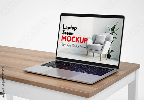 Laptop Screen Mockup on Wooden Desk with Interior Background