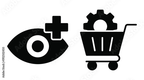 Eye with plus sign and shopping cart with gear icon vector illustration on transparent