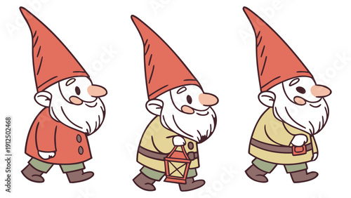 Three cartoon gnomes with red hats and beards walking holding lanterns in green and yellow outfits