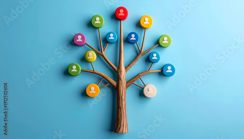 Creative social network concept with wooden tree branches connected to colorful user icons, symbolizing community, teamwork, and digital communication on a blue background.