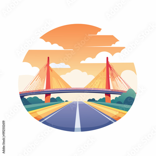Vibrant vector illustration of a modern suspension bridge spanning over a scenic highway during a colorful sunset, representing journey and connection