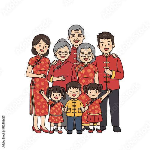 A happy multiracial family in traditional red Chinese New Year outfits celebrating together, including grandparents, parents, and children, embodying joy and togetherness