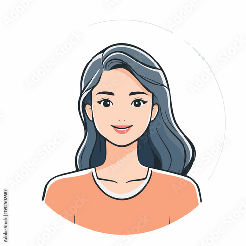 A smiling young woman with wavy hair and a casual orange shirt, illustrated in a clean, modern style